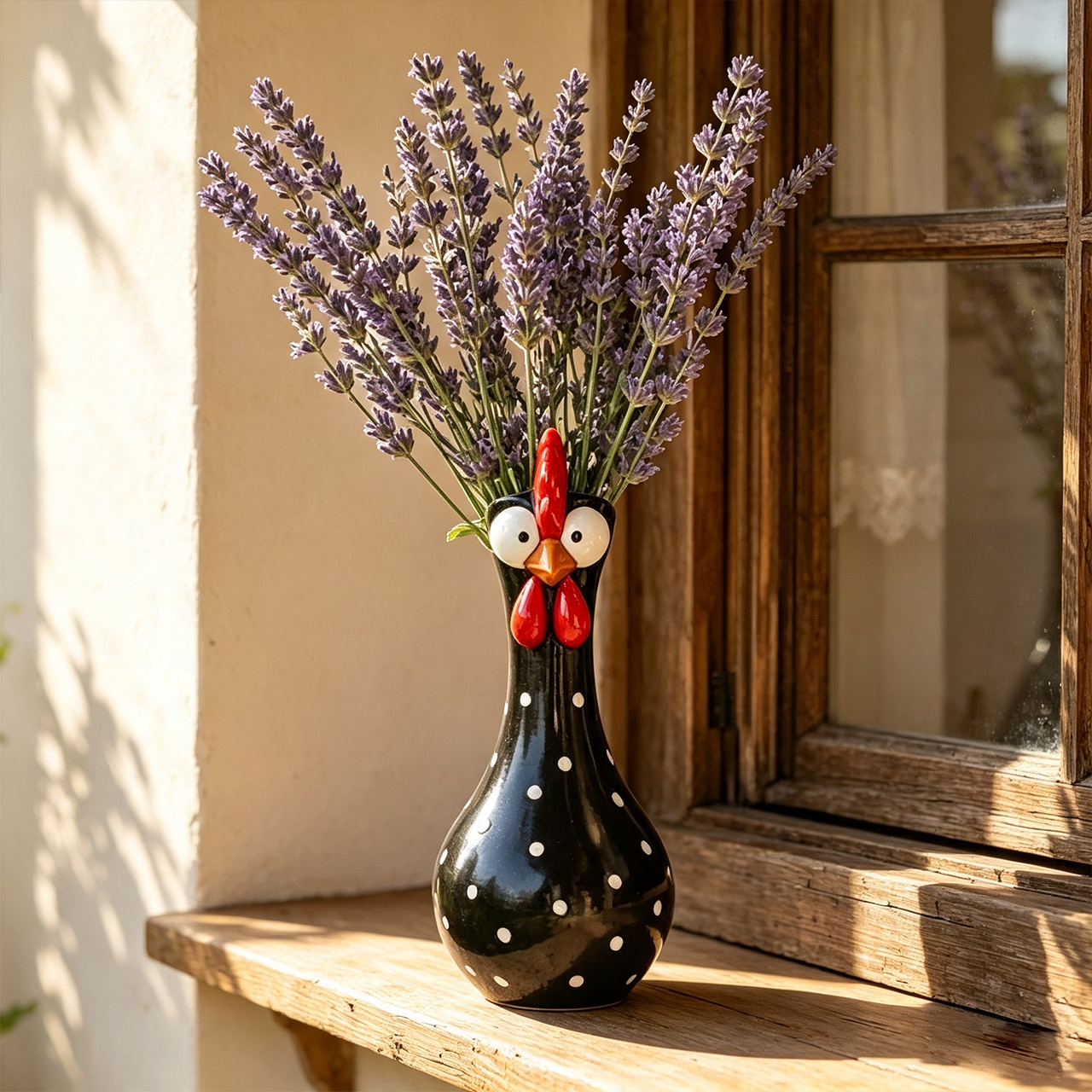 Chicken vase with short lavender stems