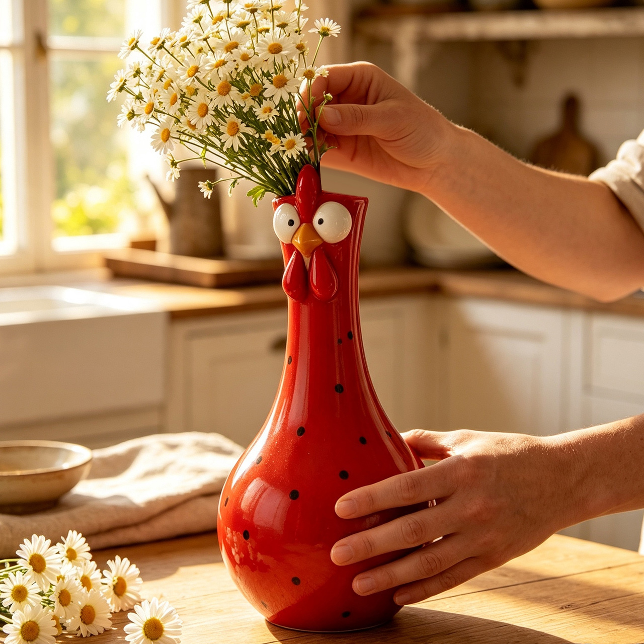 Hands arranging daisies in chicken vase