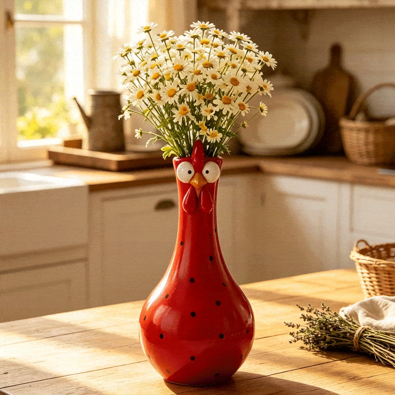 Chicken vase on a kitchen table