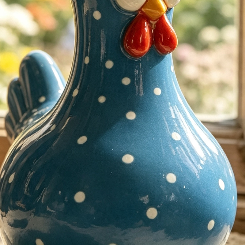Close view of glossy ceramic chicken vase