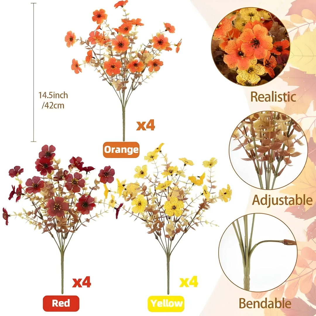 UV Resistant Artificial Outdoor Plants for Halloween Porch Decor-Autumn Artificial Flower Bouquet – 12 Stems in 3 Colors