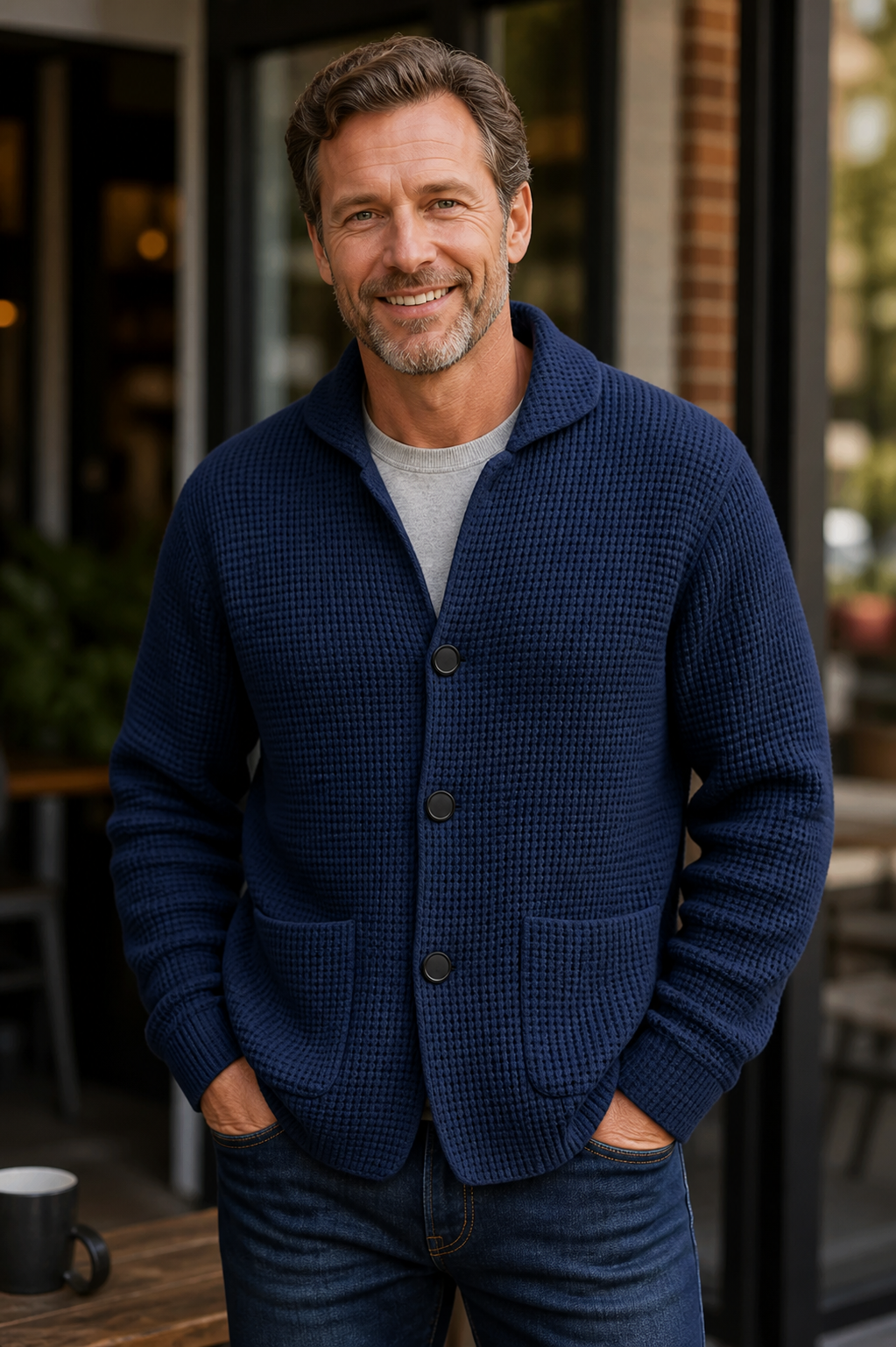 Navy waffle knit cardigan styled for a coffee shop weekend