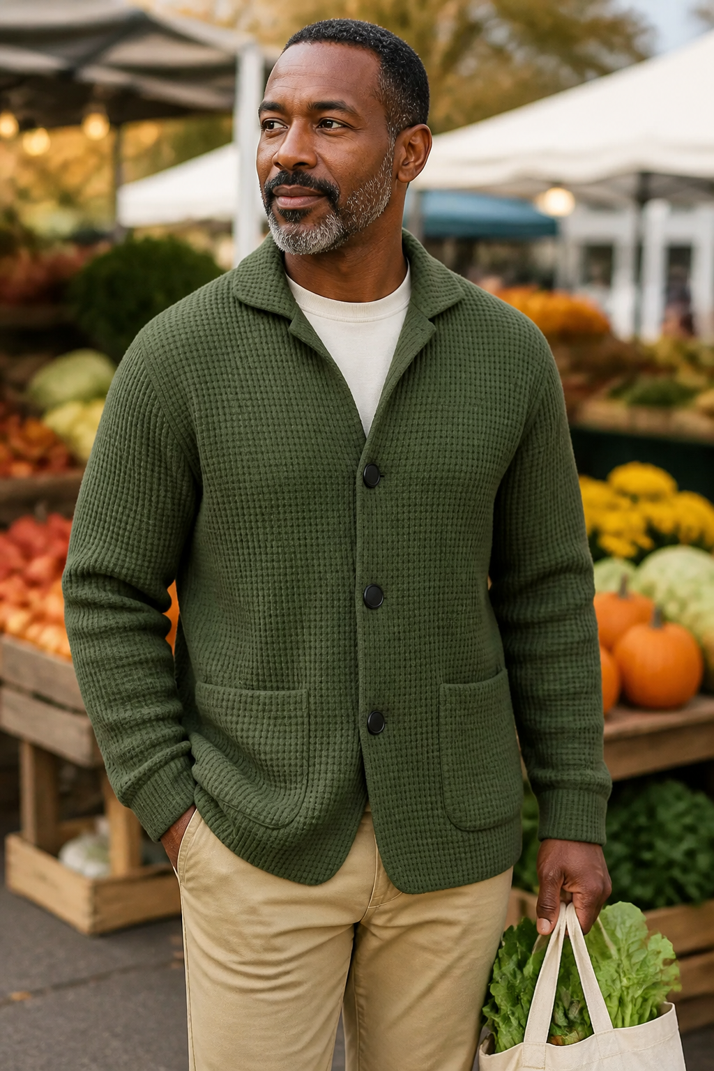 Olive waffle knit cardigan styled at a weekend market