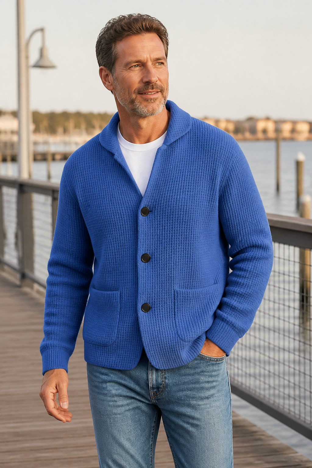 Blue waffle knit cardigan styled for a waterfront walk