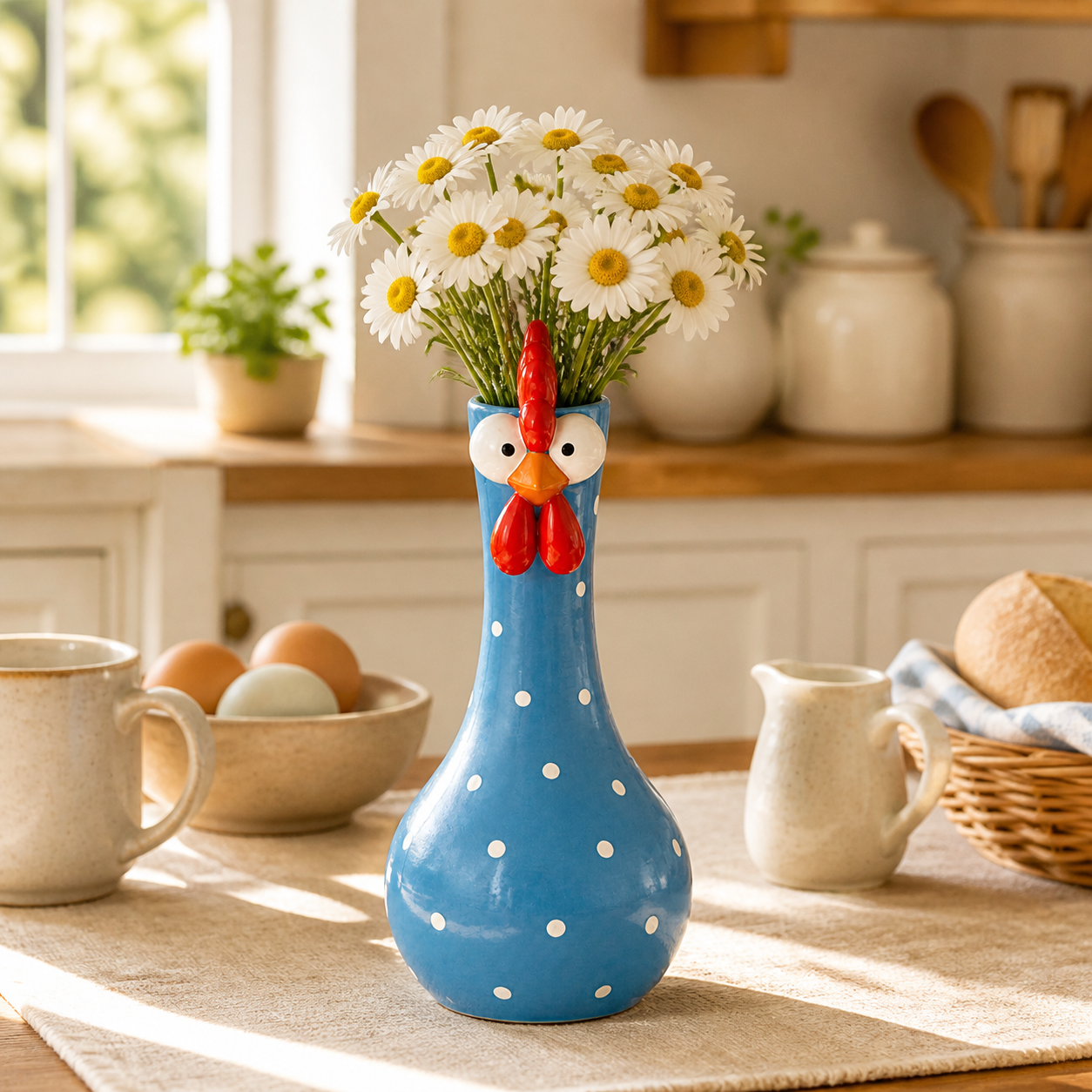 Chicken vase on breakfast table