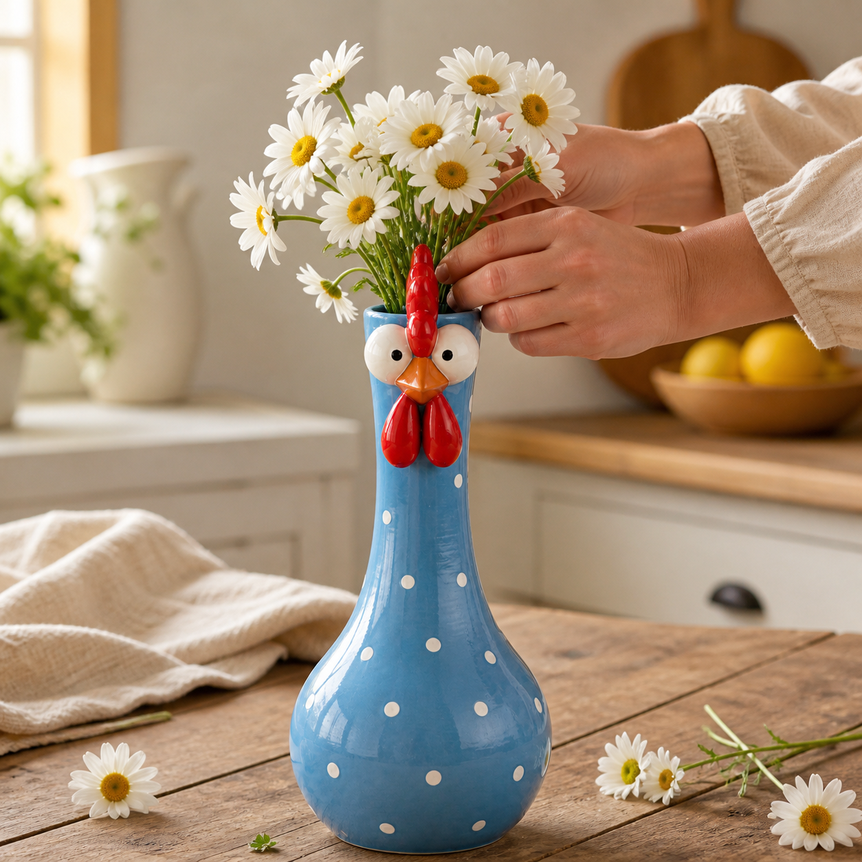 Chicken vase styled with fresh daisies