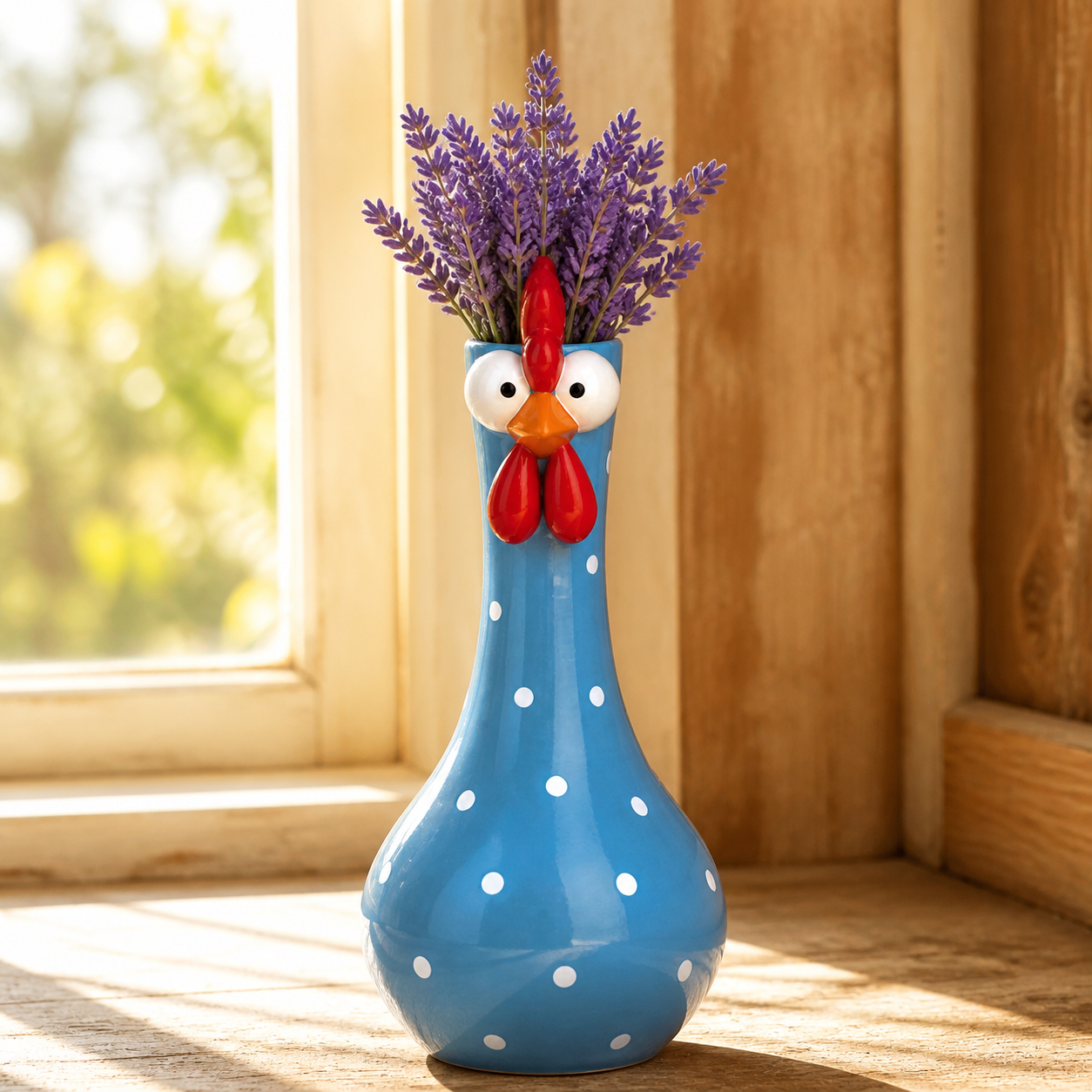 Chicken vase near a window