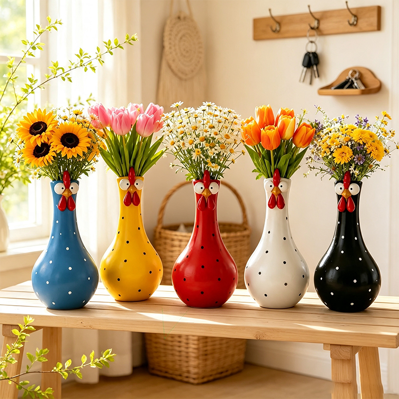 Blue chicken vase styled as a cheerful kitchen display