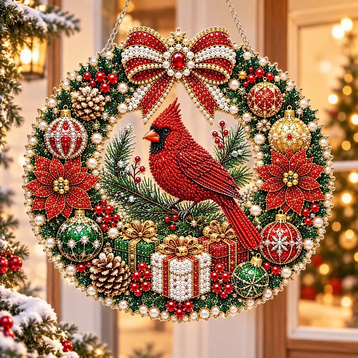Christmas Cardinal DIY diamond painting hanging ornament