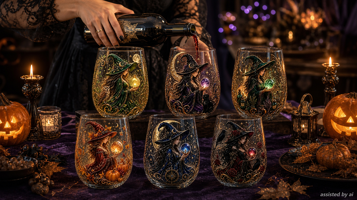 Six witch glass cups arranged for a Halloween gathering