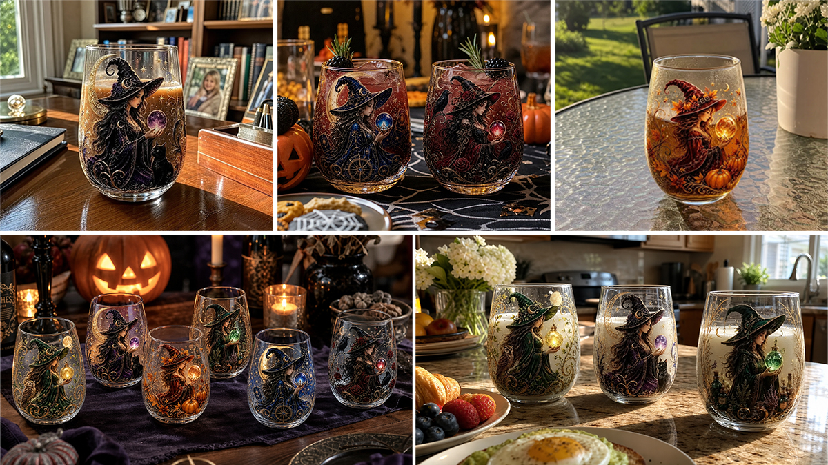 Witch glass collection in everyday and Halloween settings