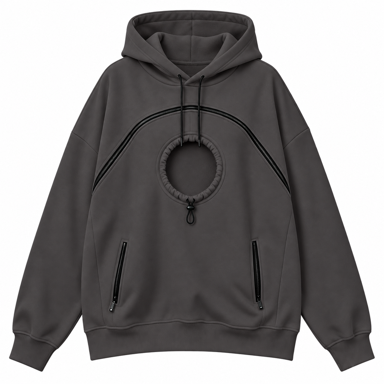 Dark gray fleece-lined pet pouch hoodie showing the curved zipper and circular opening