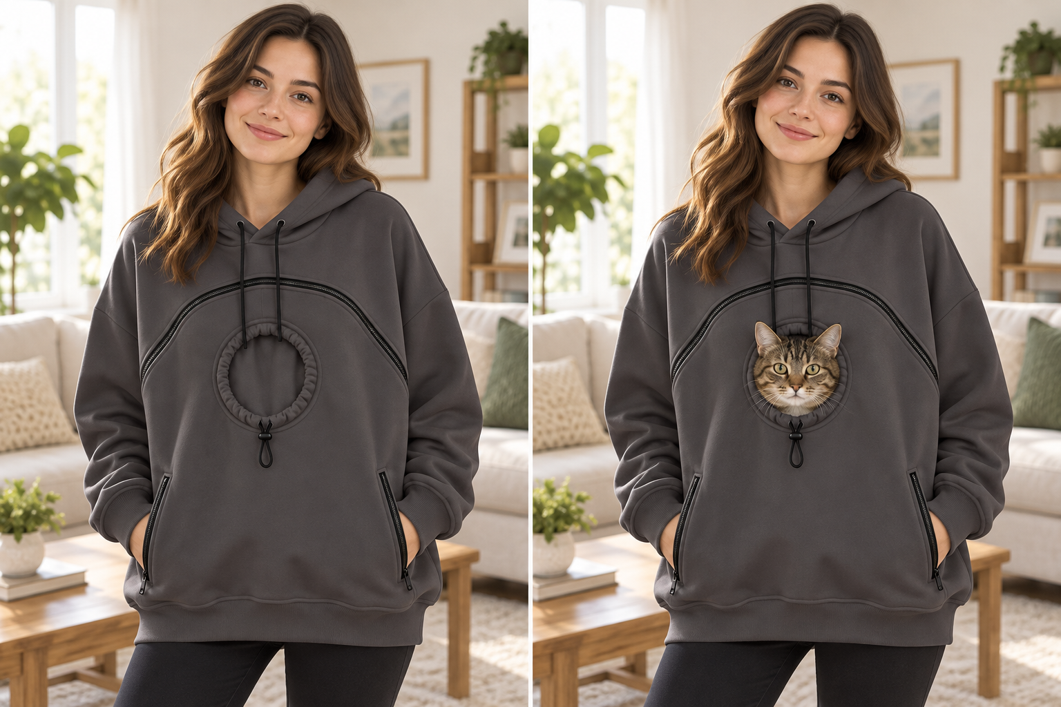 Pet pouch hoodie shown without a pet and with a cat