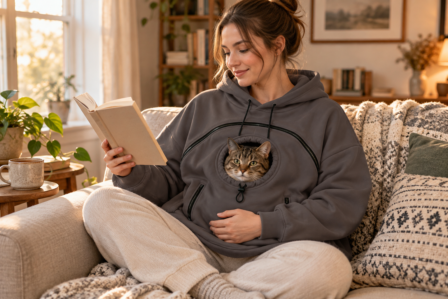 Woman reading on a sofa while supporting a cat in the hoodie pouch