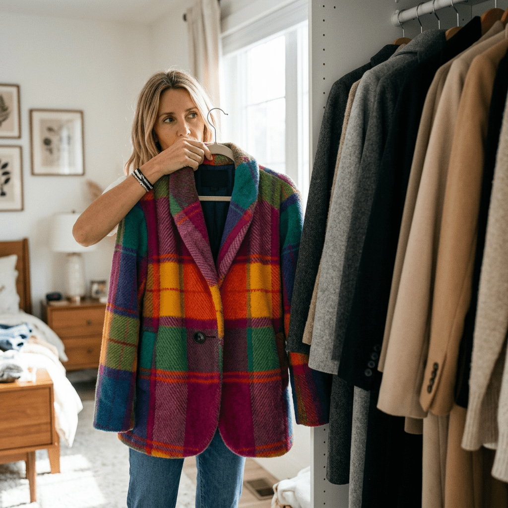 Woman choosing a vibrant plaid jacket from a neutral wardrobe