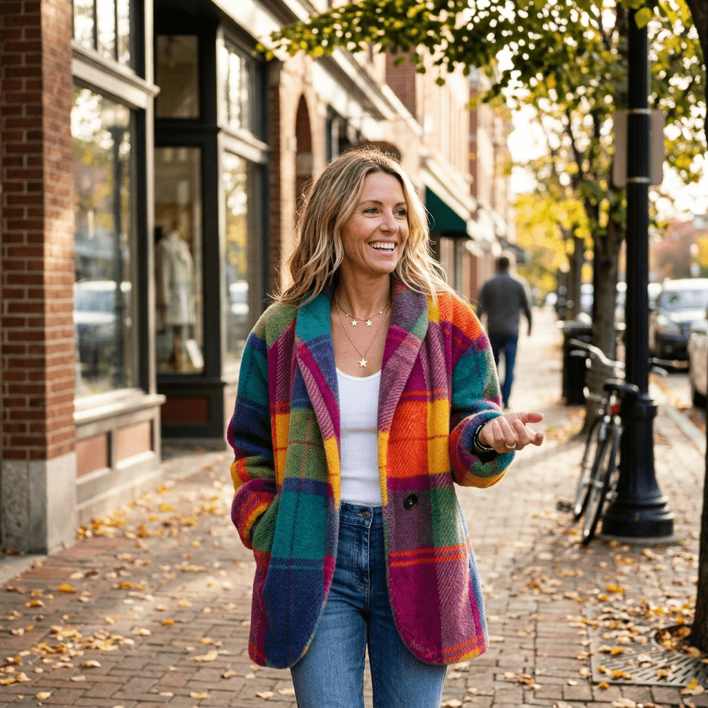 Woman wearing vibrant plaid jacket on a fall city walk