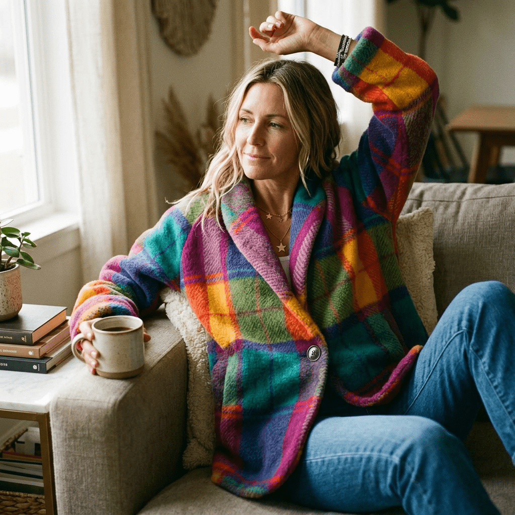 Relaxed fit plaid jacket worn at home