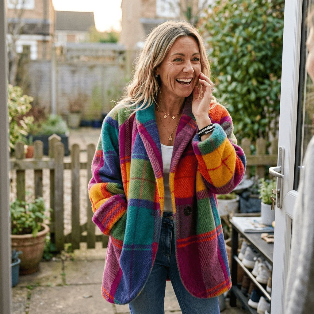 Woman smiling in vibrant plaid jacket