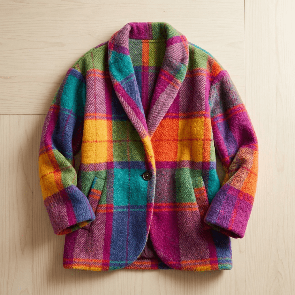 Vibrant plaid fleece jacket laid flat