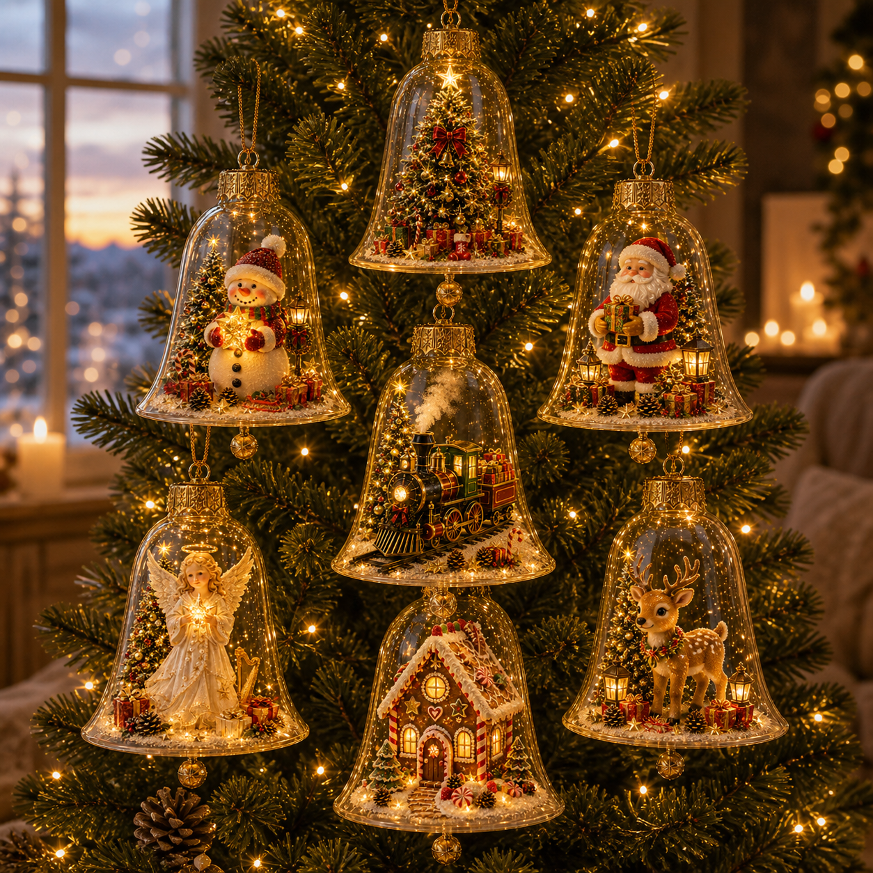 Seven glowing Christmas bell ornament designs