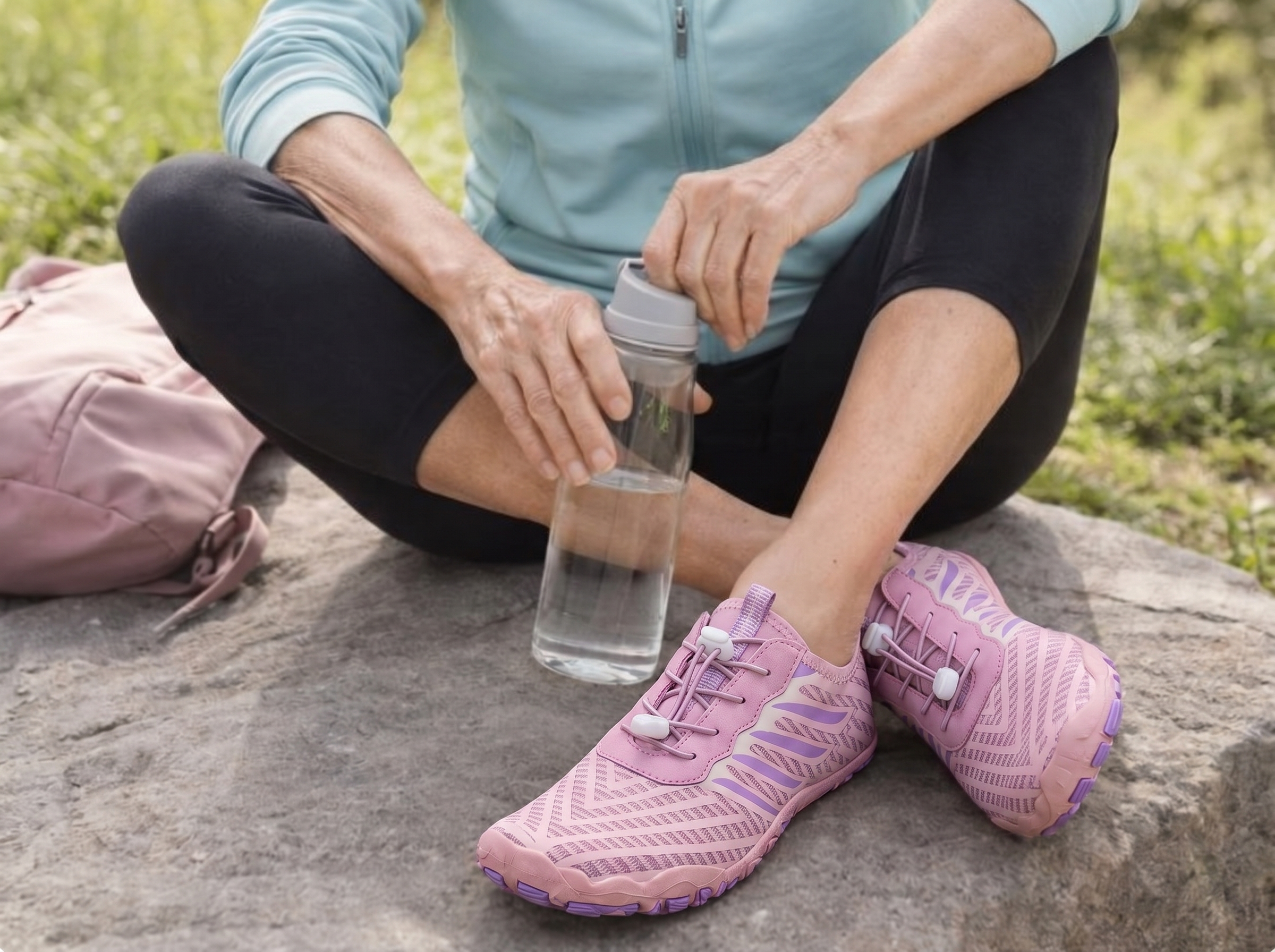 Rosa Grounded Footwear Schuhe während einer Outdoor-Pause getragen