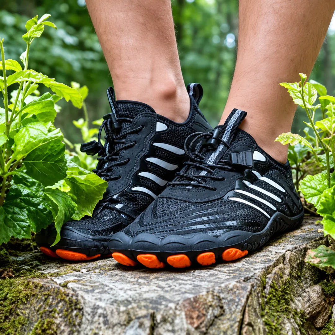 Schwarze und orange Grounded Footwear Schuhe, die draußen auf einem Waldweg getragen werden