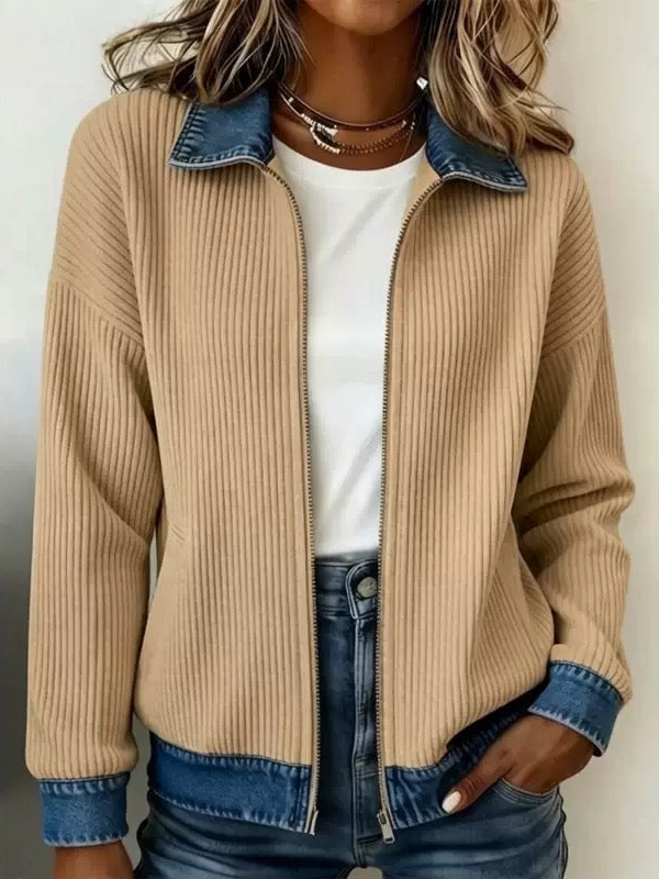 🎁New Arrivals 🔥Women's Casual Ribbed Knit Zip-Up Jacket with Contrast Denim Details