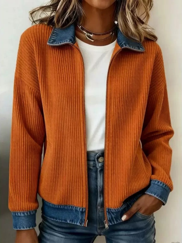 🎁New Arrivals 🔥Women's Casual Ribbed Knit Zip-Up Jacket with Contrast Denim Details