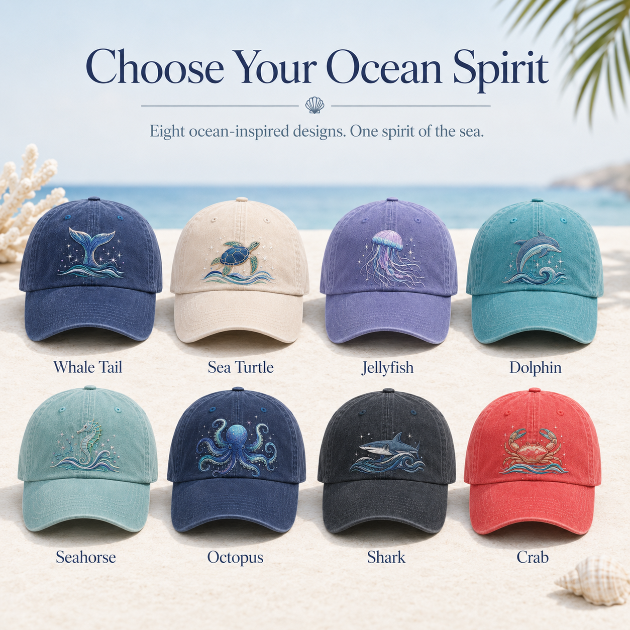 Ocean Spirit Embroidered Washed Baseball Cap