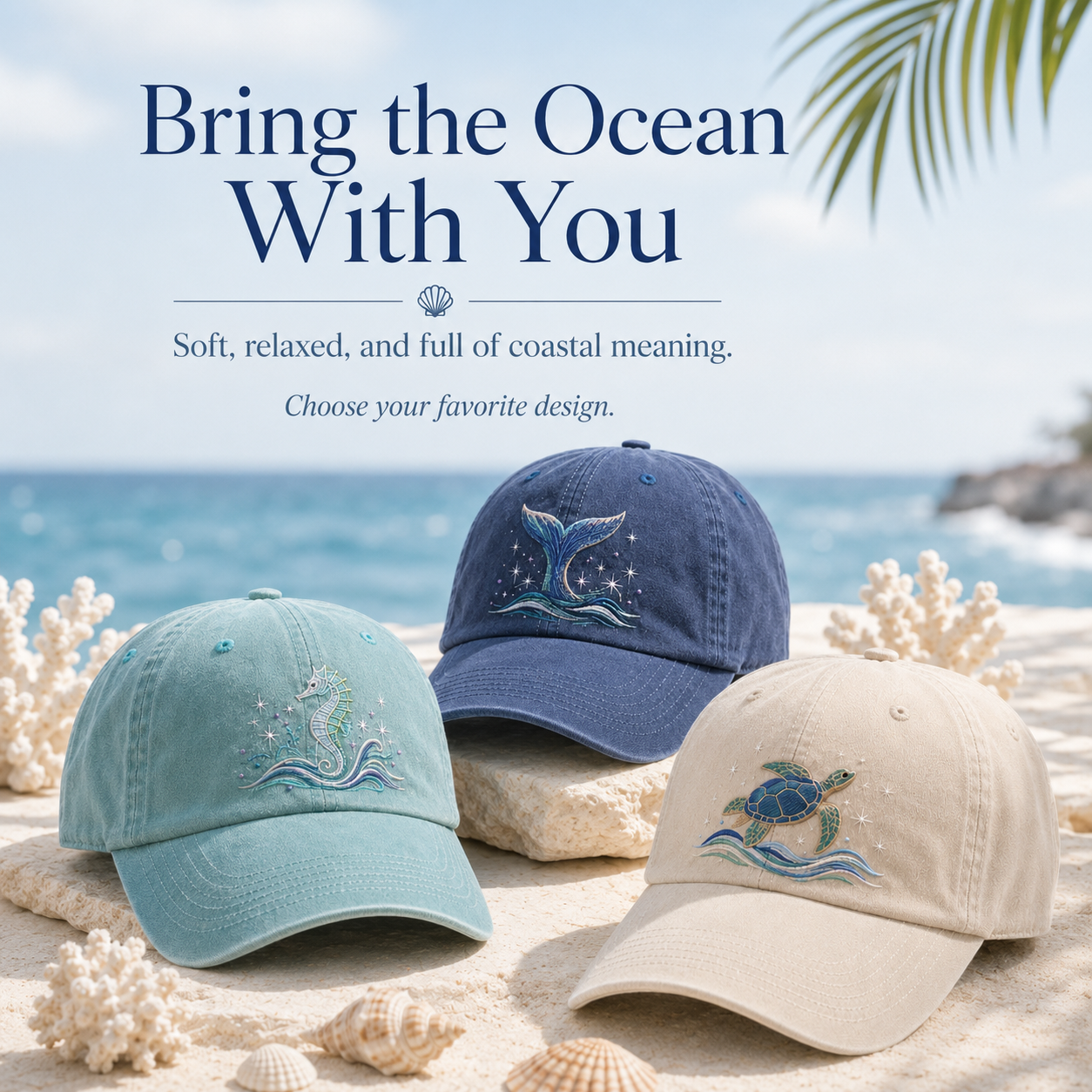 Ocean Spirit Embroidered Washed Baseball Cap