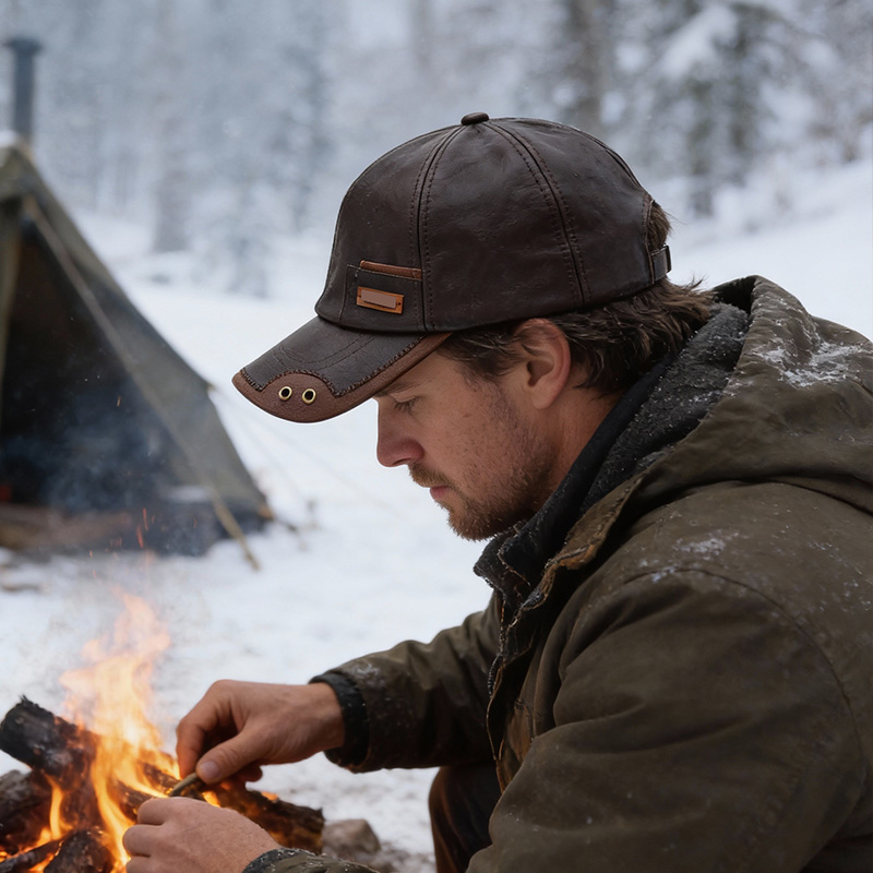WarmGuard leather cap at a winter campsite