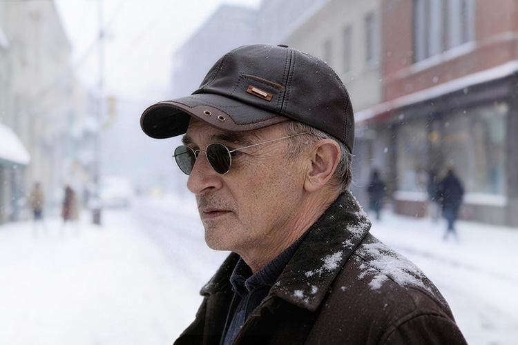 Vephf WarmGuard leather baseball cap worn in snowy weather