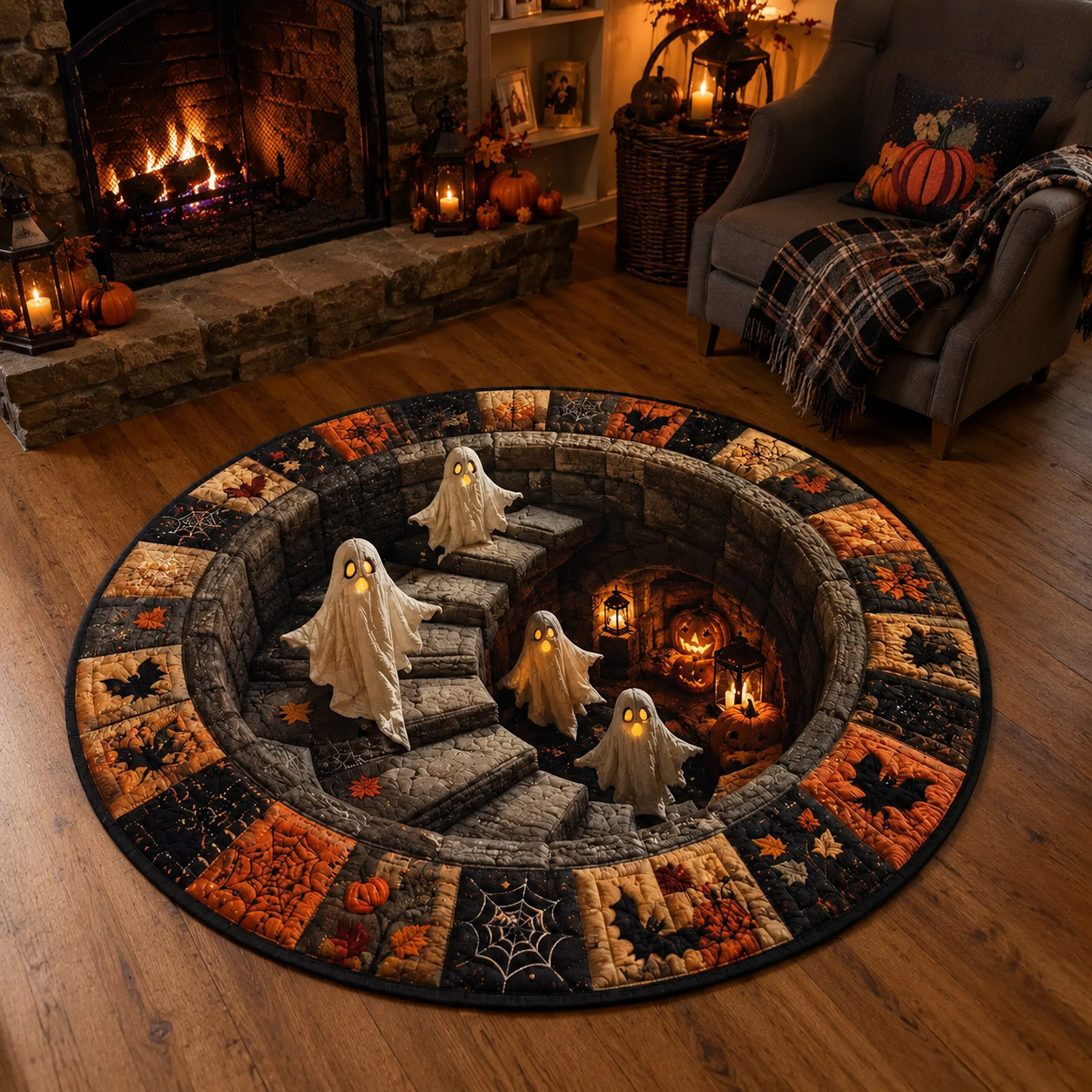 3D Skeleton Vortex Quilted Round Halloween Rug