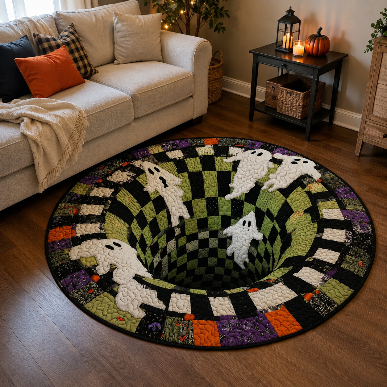 3D Skeleton Vortex Quilted Round Halloween Rug