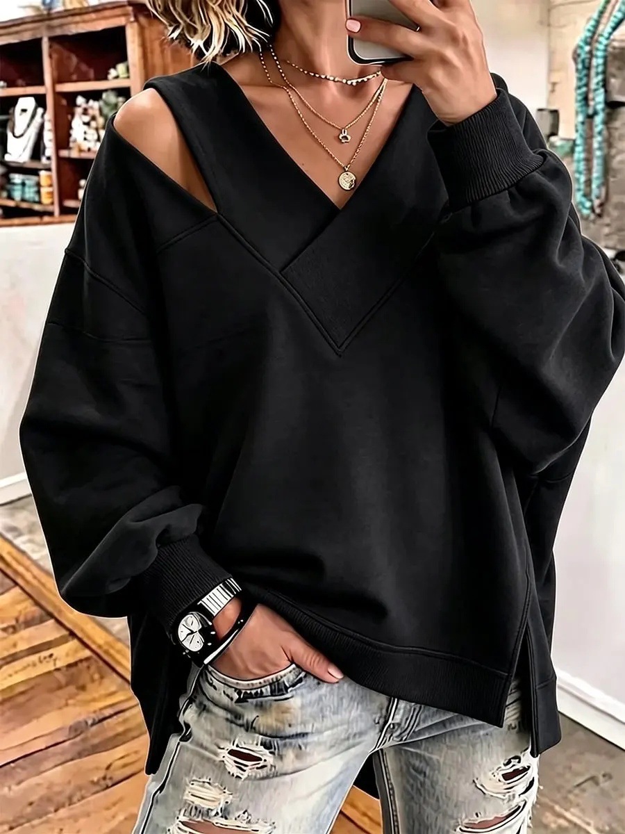 Chic Cutout V-Neck Oversized Sweatshirt