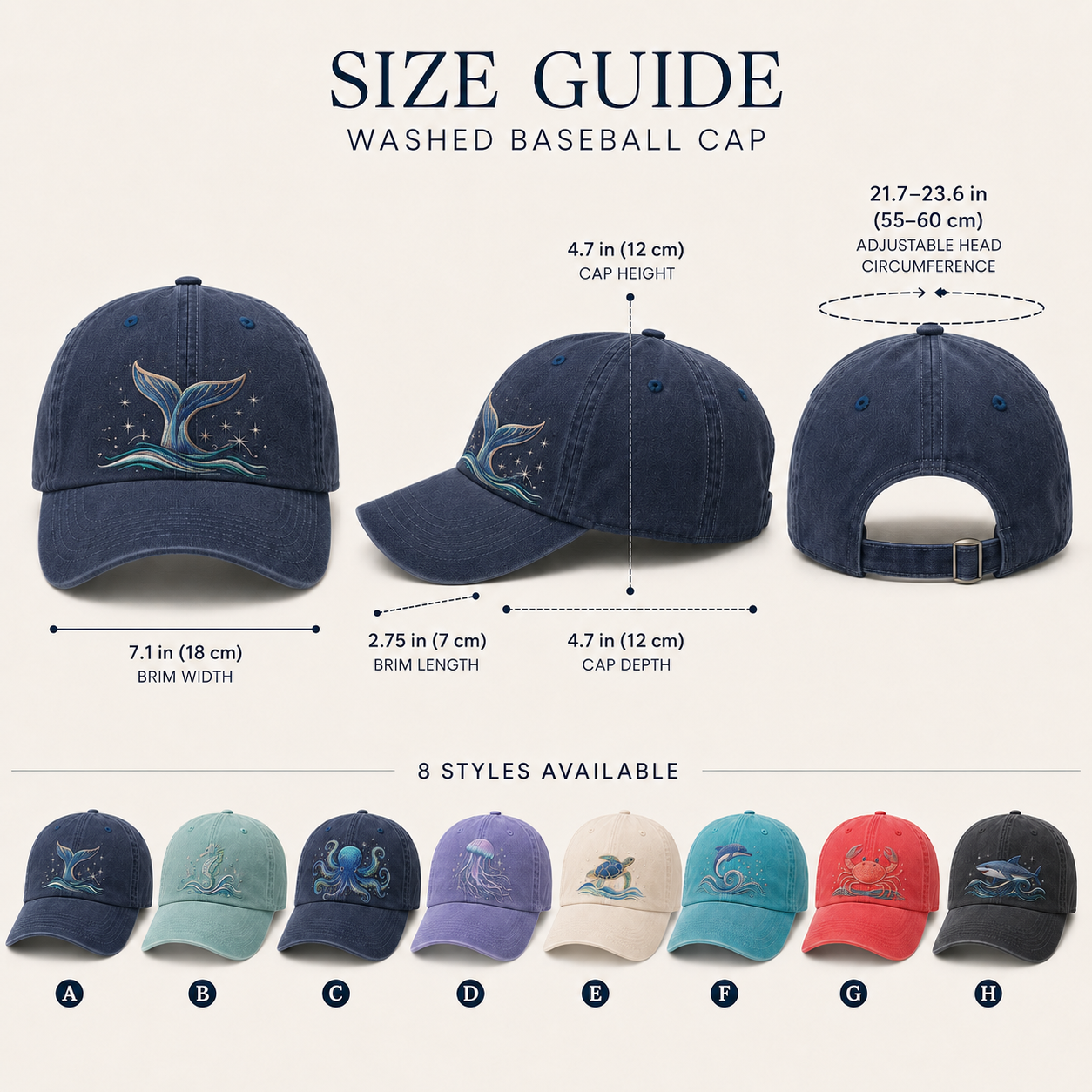 Ocean Spirit Embroidered Washed Baseball Cap