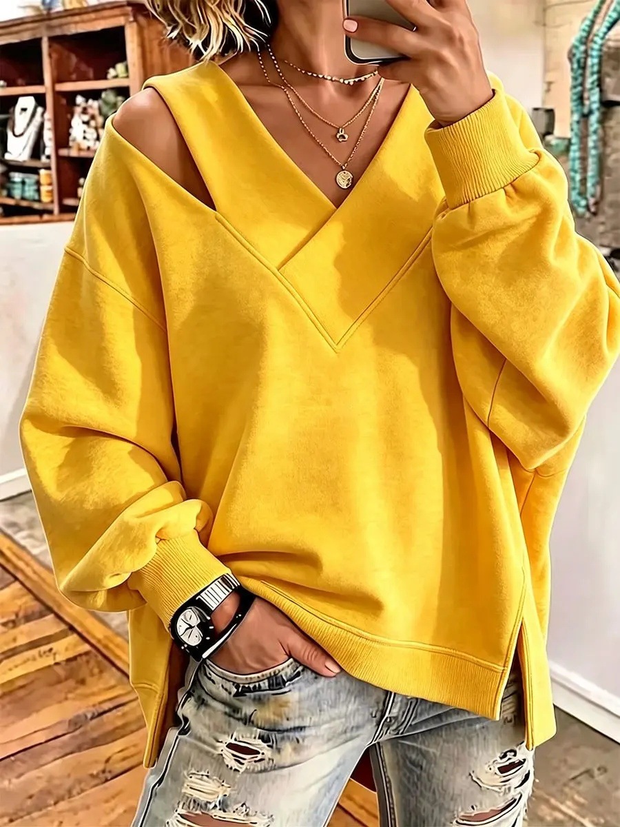 Chic Cutout V-Neck Oversized Sweatshirt
