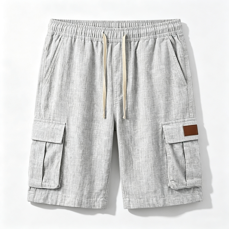 Men Chambray Textured Drawstring Waist Dual Flap Cargo Pocket Casual Five Inch Shorts