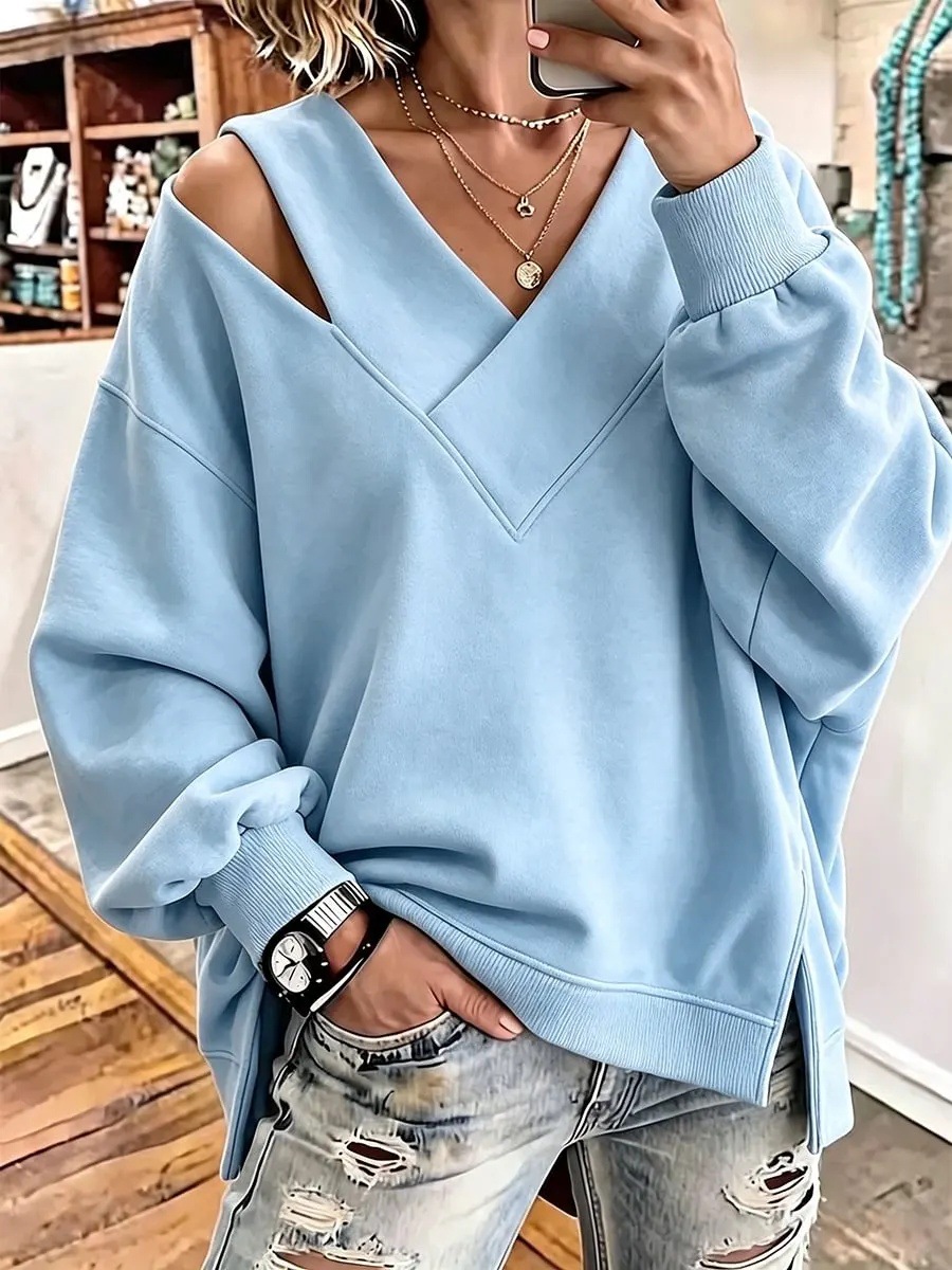 Chic Cutout V-Neck Oversized Sweatshirt