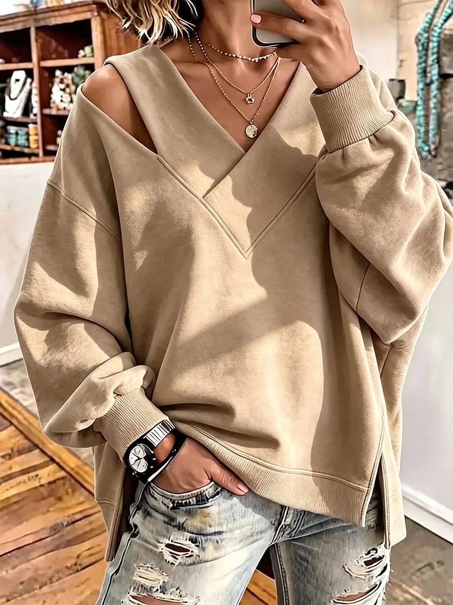 Chic Cutout V-Neck Oversized Sweatshirt