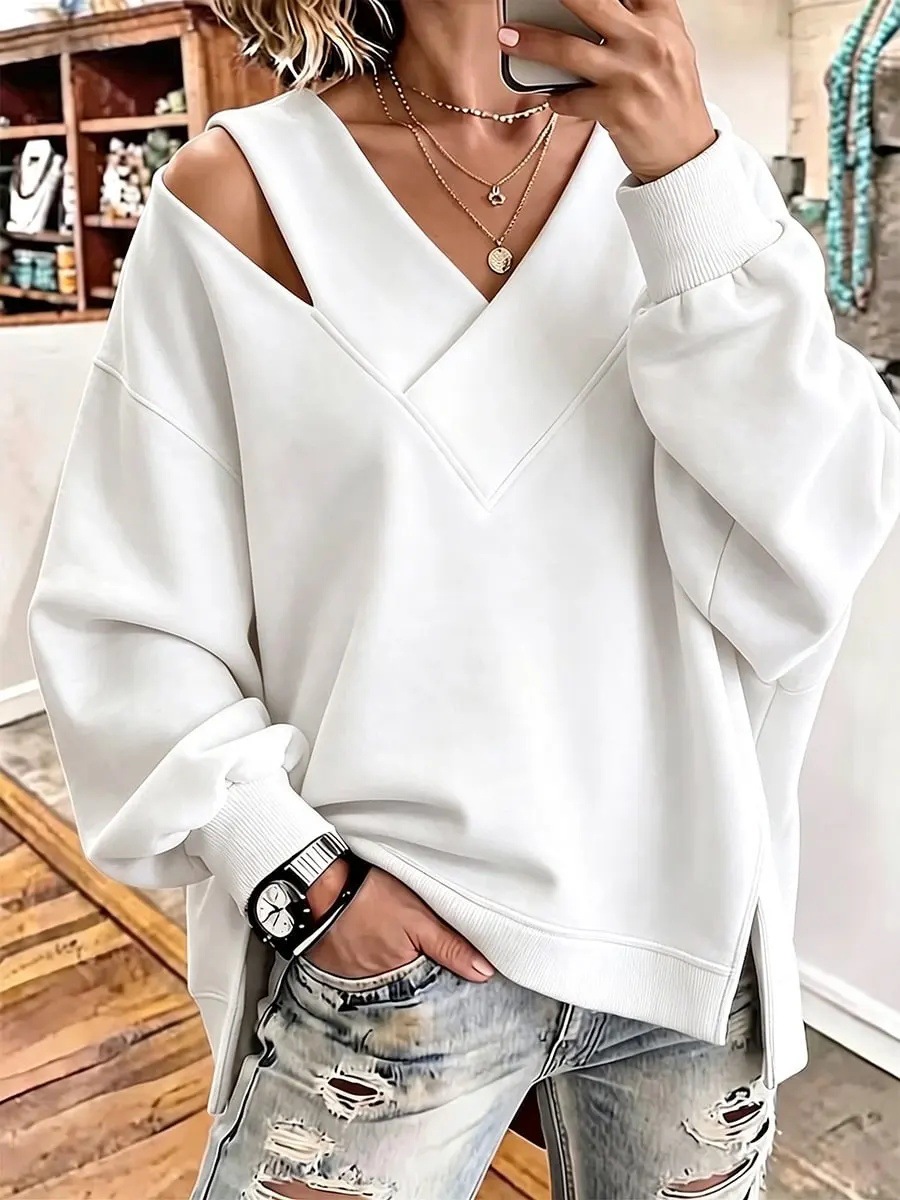 Chic Cutout V-Neck Oversized Sweatshirt