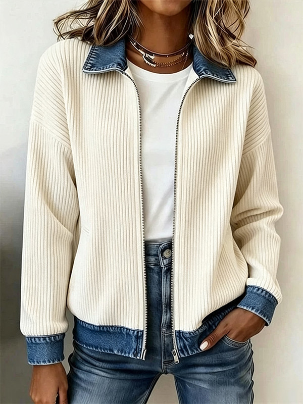 🎁New Arrivals 🔥Women's Casual Ribbed Knit Zip-Up Jacket with Contrast Denim Details
