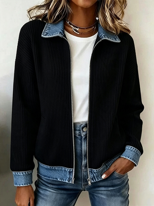 🎁New Arrivals 🔥Women's Casual Ribbed Knit Zip-Up Jacket with Contrast Denim Details