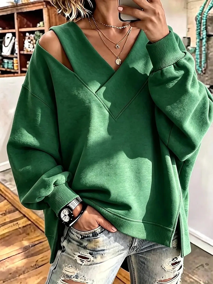 Chic Cutout V-Neck Oversized Sweatshirt