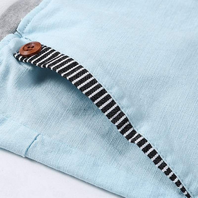 Men Striped Elastic Waist Drawstring Linen Blend Casual Beach Shorts With Stripe Pocket Trim