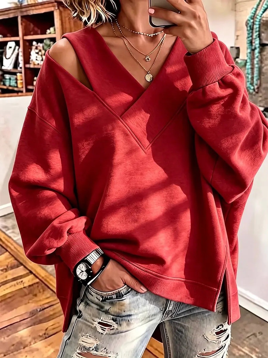 Chic Cutout V-Neck Oversized Sweatshirt