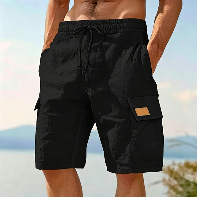 Men Textured Woven Drawstring Elastic Waist Flap Cargo Pocket Casual Beach Shorts