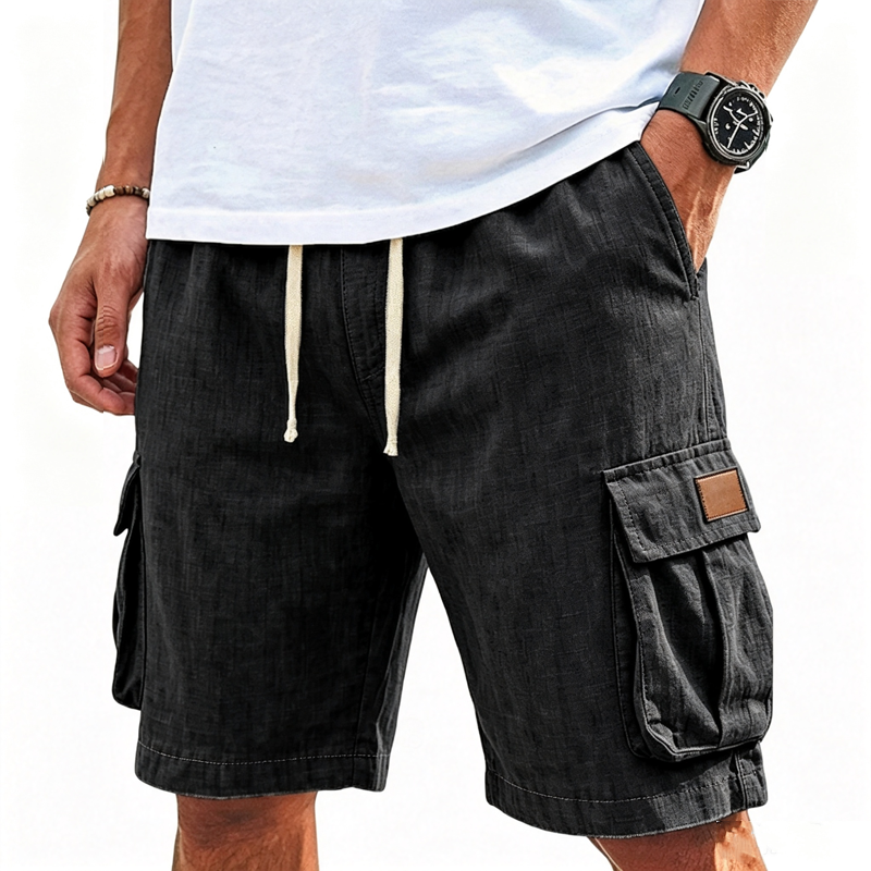 Men Chambray Textured Drawstring Waist Dual Flap Cargo Pocket Casual Five Inch Shorts