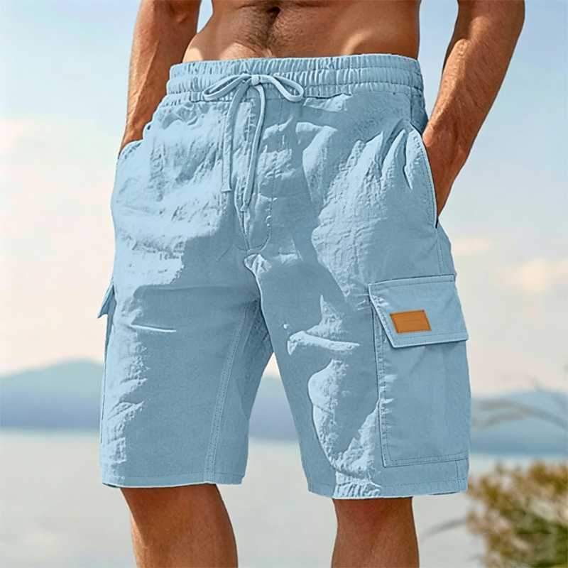 Men Textured Woven Drawstring Elastic Waist Flap Cargo Pocket Casual Beach Shorts