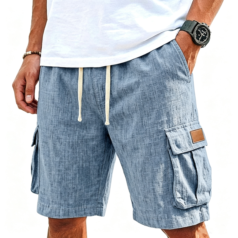 Men Chambray Textured Drawstring Waist Dual Flap Cargo Pocket Casual Five Inch Shorts